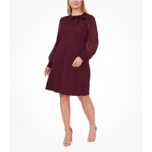 Cece New Women’s Tie Neck Sheer Long Sleeve Sweater Dress Burgundy Plus Size 1X - Picture 1 of 13